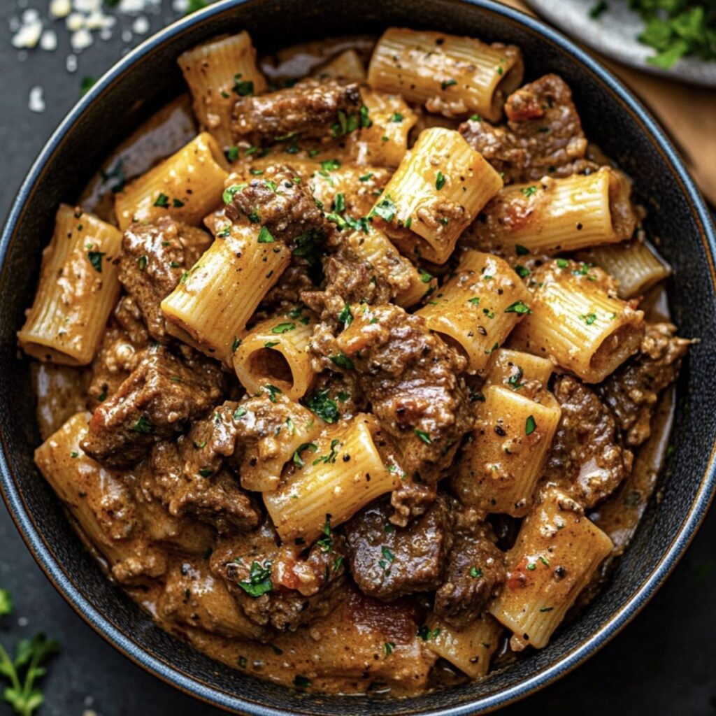 Luxurious-Beef-Pasta-in-a-Creamy-Garlic-Sauce
