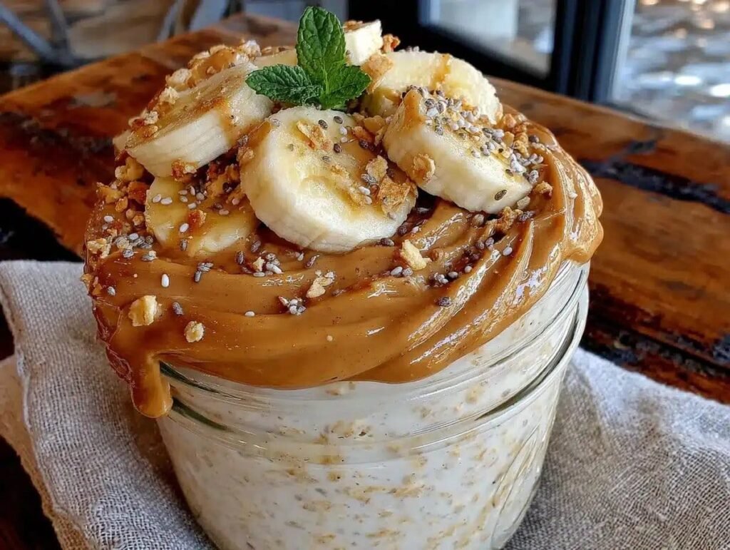 Creamy-oats-layered-with-gooey-peanut-butter-and-sweet-banana